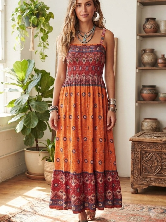 Speed Control Dresses & Skirts - Speed Control New York Boho Floral Smocked Maxi Dress Orange M